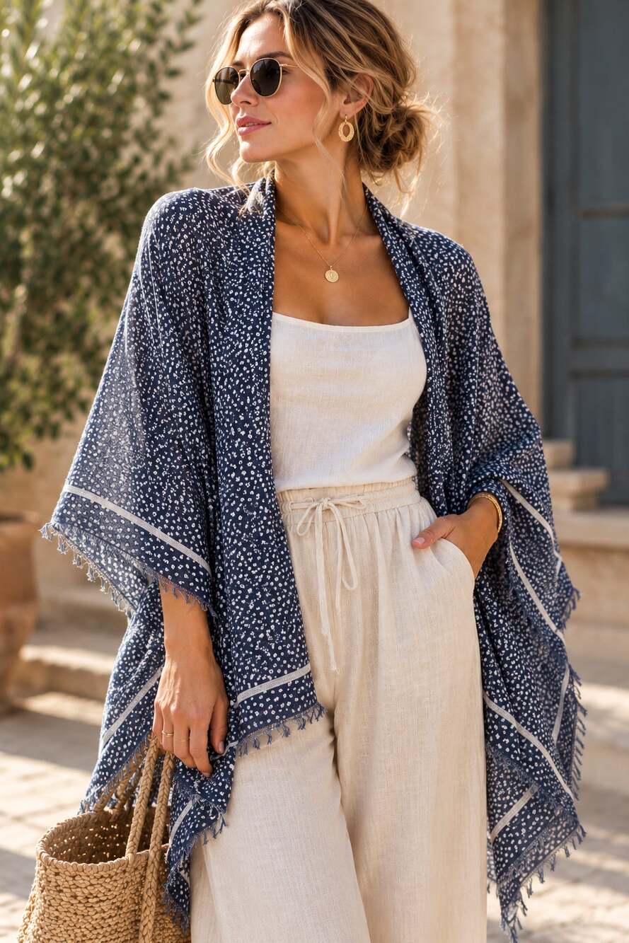 Navy Blue Micro Dot Print Long Scarf 79" Frayed Eyelash Fringe Shawl Wrap Unisex